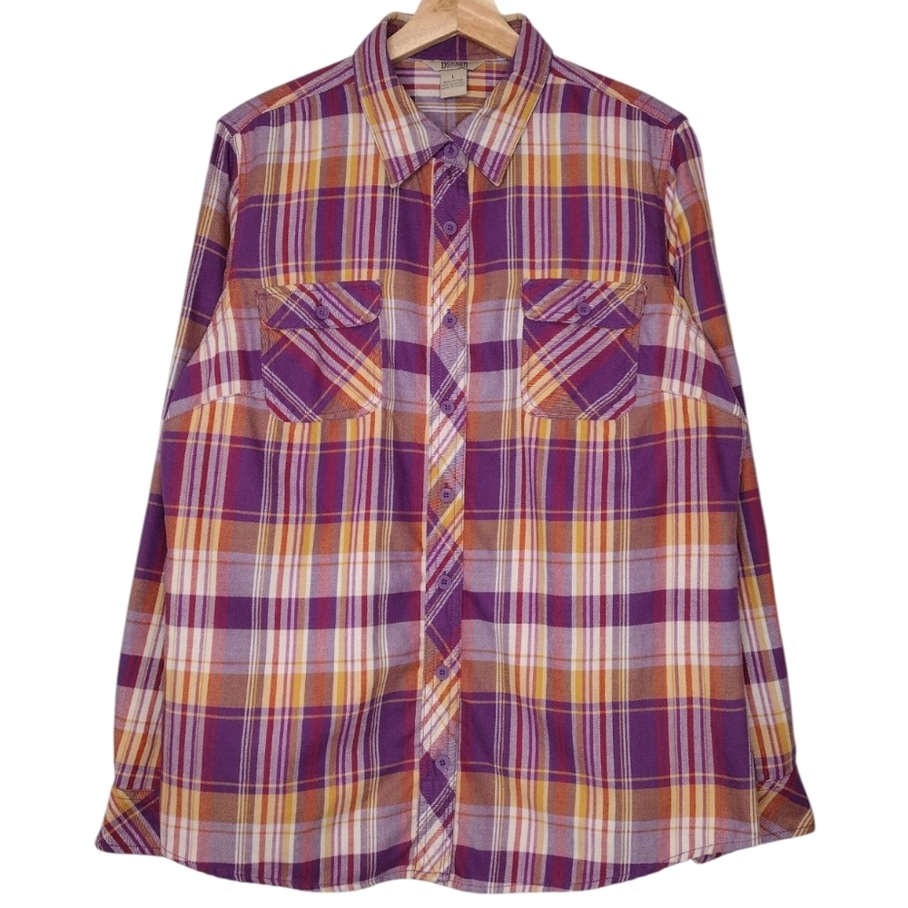 Duluth Trading Co Purple Orange Plaid Casual Button Down Shirt Sz L